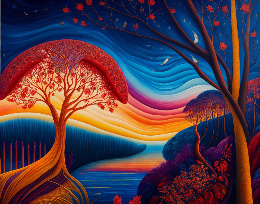 Colorful surreal landscape painting with vibrant sunset sky and twisted tree branches