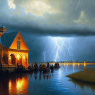 Tranquil waterfront dusk with yellow house, boats, and lightning storm.