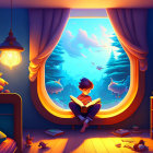 Boy reading book in cozy room with sea creatures outside at dusk