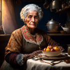 Elderly woman in vintage attire sitting in dimly lit kitchen