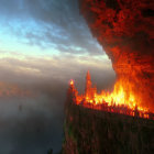 Cliffside castle lit by lava with mist at twilight