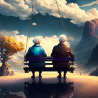 Elderly couple on swing admiring surreal landscape with water, mountains, tree, and night sky