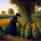 Woman in Blue Dress and Hat Tending Orange Flowers in Garden at Dawn or Dusk