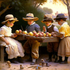 Children sorting apples on wooden bench outdoors under sunlight.