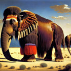 Digitally rendered image of elephants in desert with ornate tusks & headgear