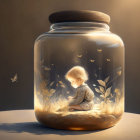 Child in glass jar with plants and butterfly under warm glow