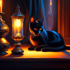 Black Cat with Blue Eyes Resting by Candle and Lamp on Windowsill