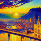 Colorful cityscape painting at sunset with reflective water and silhouetted buildings