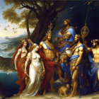 Mythological painting of six figures in classical attire by serene seascape