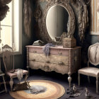 Vintage Room with Ornate Vanity, Draped Fabrics, Large Mirror, and Delicate Items