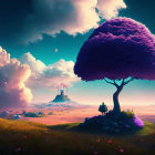 Lonely figure under purple tree in whimsical landscape