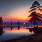 Tranquil sunset landscape with tree silhouette, reflective water, colorful sky, distant castle