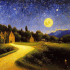 Night scene painting with vibrant yellow moon, starry sky, houses, trees, and human figures.