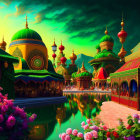 Colorful fantasy palace with domes and spires near reflective waterway and lush flora.