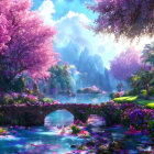 Serene fantasy landscape with pink cherry blossoms, river, bridge, mountain