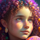 Vibrant digital art portrait of young girl with purple and orange curly hair