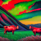 Vibrant red bulls in colorful meadow with green hills & red-green sky