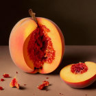 Ripe peach with slice cut, scattered pieces on surface