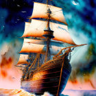 Sailing ship with billowing sails in tempestuous ocean waves