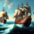 Majestic sailing ships navigate turbulent seas under bird-filled sky