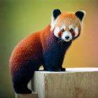 Red panda on wooden ledge with bushy tail against soft background