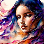 Colorful digital artwork: Woman with flowing hair in vibrant ink-like explosion