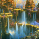 Ethereal landscape with golden castles, waterfalls, lush foliage