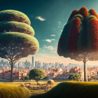 Surreal landscape with oversized trees, grazing sheep, and distant cityscape