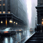 Snowy cityscape at dusk: Glowing streetlights, pedestrians, vintage cars on wet roads