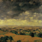 Expansive landscape painting with cityscape under dramatic sky