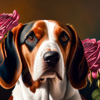 Tricolor beagle with flowers: solemn gaze and vivid colors