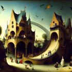 Whimsical surreal landscape with archways, towers, bridge, birds, and human figures