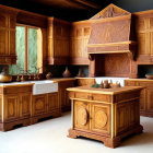 Traditional Wooden Kitchen Interior with Central Island & Clay Utensils