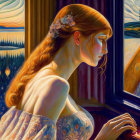 Woman with Long Hair Gazing at Sunset Landscape Through Window