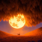 Glowing orange-yellow moon in dramatic red sky over rocky landscape