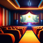 Luxurious red and yellow seating in empty cinema hall with vibrant mountain image on large screen