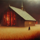 Eerie red barn in dense orange fog with shadowy figures