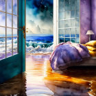 Surreal bedroom with open door showcasing ocean waves, sunset sky, tree silhouette, and scattered pillows