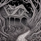 Detailed Victorian-style haunted house with gnarled trees under starry night sky.