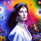 Elegant woman with jewelry and fur shawl in colorful setting