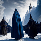 Robed Figures in Snowy Landscape with Castle and Brooding Sky