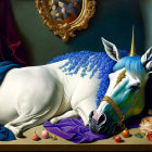 Realistic white unicorn painting on purple and blue fabrics with apples and roses.