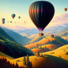 Golden sunlight illuminates serene landscape with hot air balloons and a quaint house