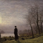 Solitary figure in period clothing on grassy hillside overlooking misty landscape