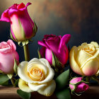 Vibrant array of pink, yellow, and white roses and buds in soft-focus setting