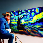 Cowboy hat man painting vibrant Starry Night rendition.