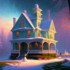 Victorian-style house with warm lights in snowy dusk landscape featuring a woman.