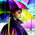 Young girl with multicolored umbrella in contemplative pose amidst vibrant raining umbrellas.