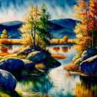 Vivid Autumn Landscape with River, Birds, and Mountains