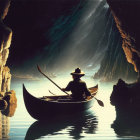 Canoeing through serene cave with reflective water